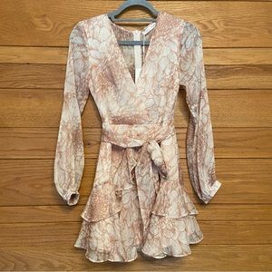 Saints + Secrets chiffon feather print Skylight ruffle dress